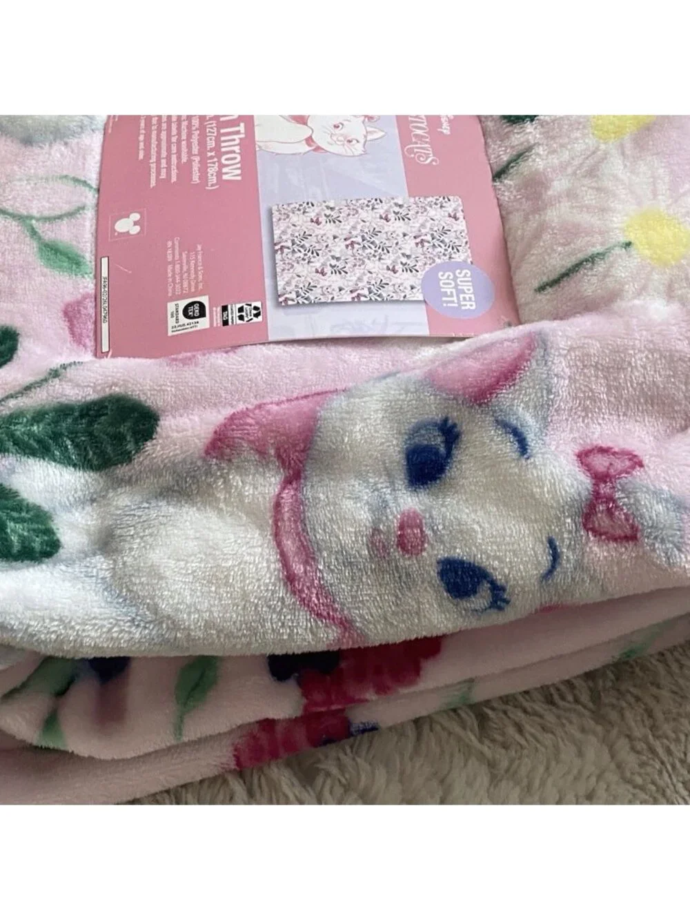 Disney Aristocats Marie Kitten Pink Floral‎ Soft Throw Blanket 50” X 70” NEW